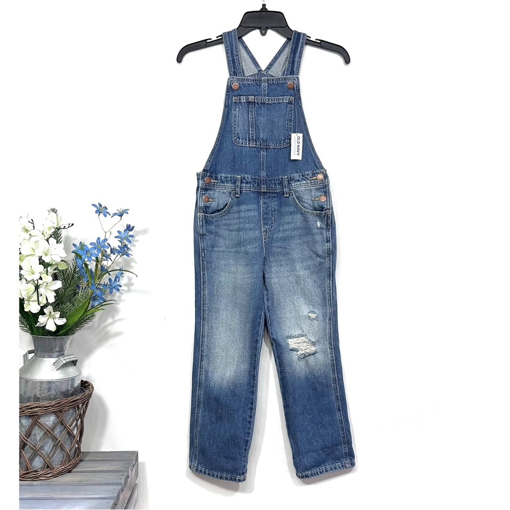 Old Navy Girls Blue Denim Distressed Jean Overalls - NWT